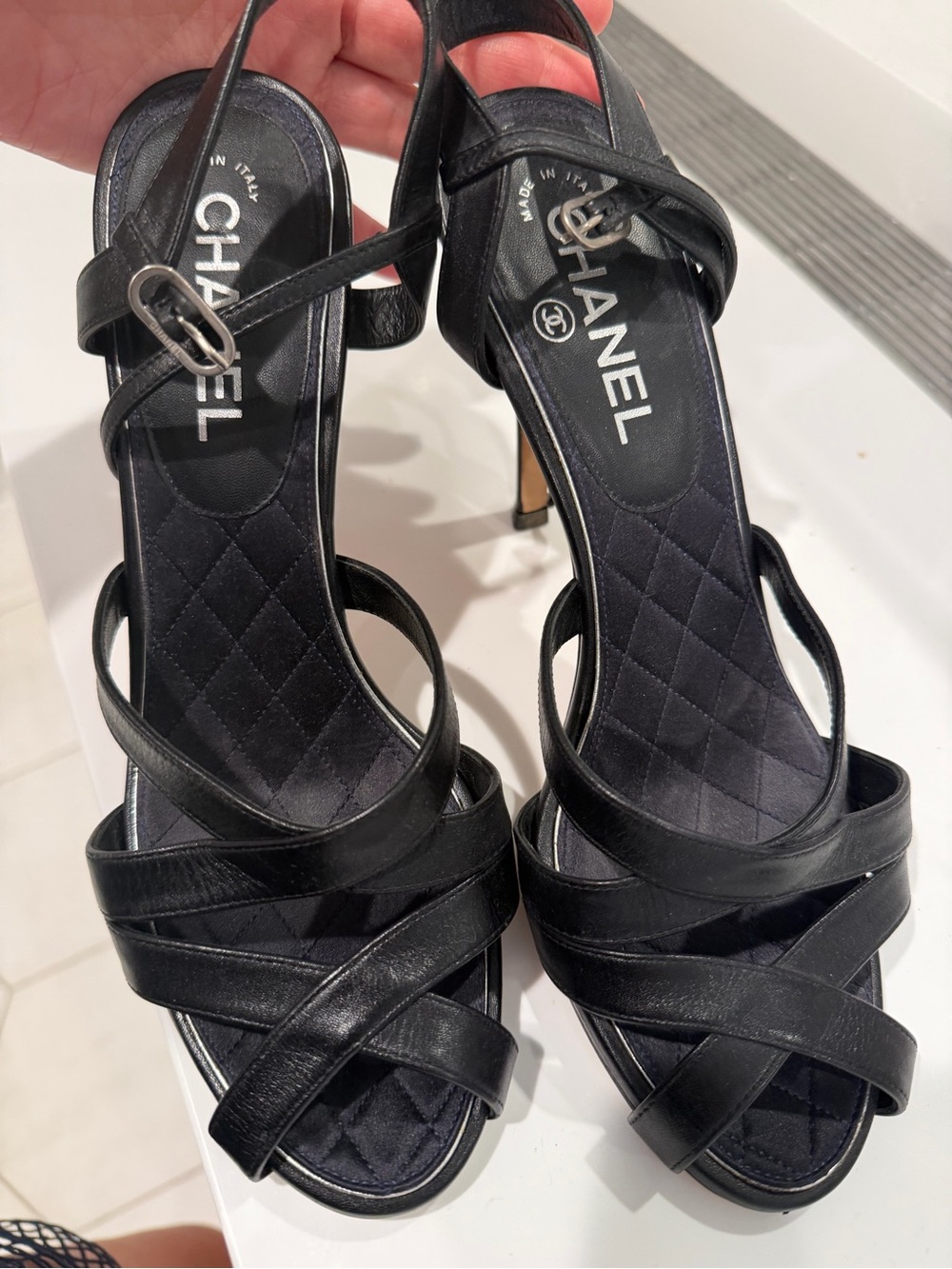 CHANEL Black Leather Crisscross Slingback Heels